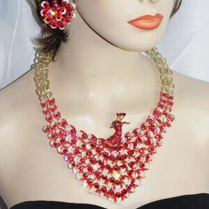 Red Jewelry set Peacock Necklace and Earrings Set Rhinestone Bridal Set